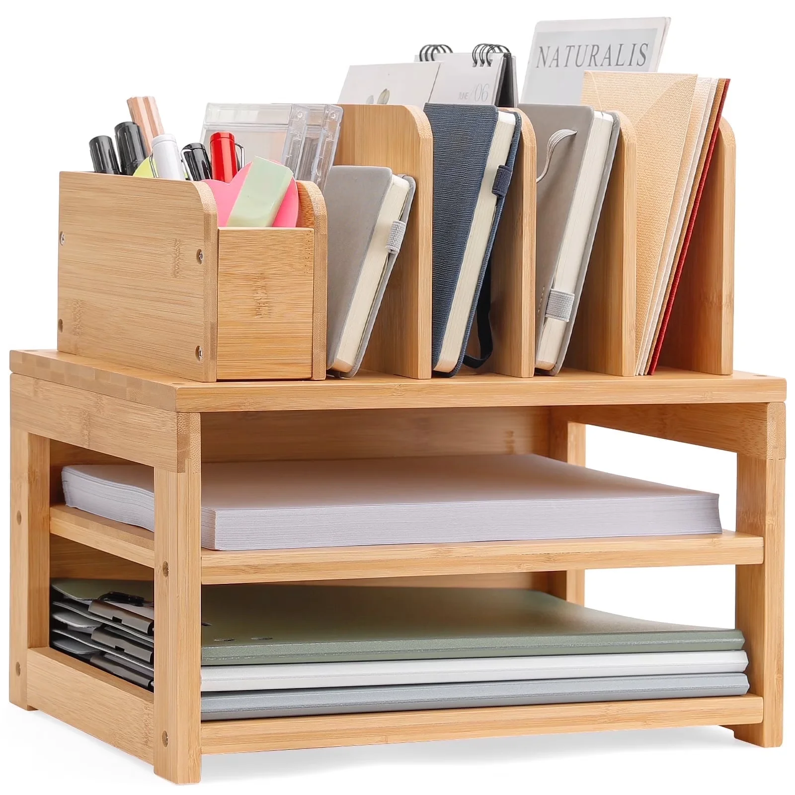 Bamboo Desk Organizer with File Holder & Adjustable Pen Holder, Desktop Letter Paper Tray Storage