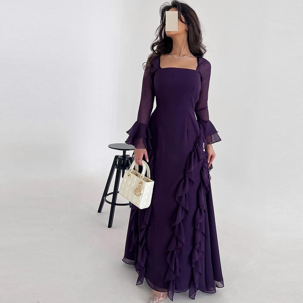 

Simple Ruffles Purple Sweep Train Chiffon Evening Dress Classic Straight Floor Length Square Neck Long Sleeves Party Gowns