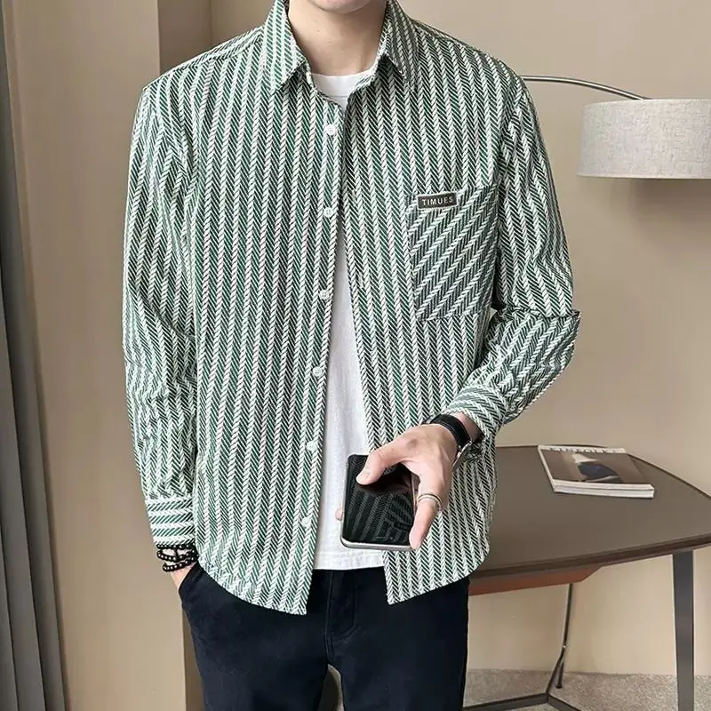 

New Men's Long Sve irt Casual Striped Flip Collar Faionable Autumn Spring Outerwear Polyester Stand Fit No Brand