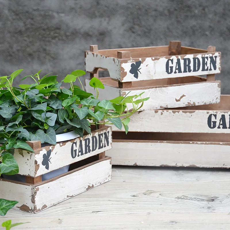 American Style Vintage  Wood Garden Tool Storage Box Flower Pot Frame Water Storage Box Wood Frame Garden Decor
