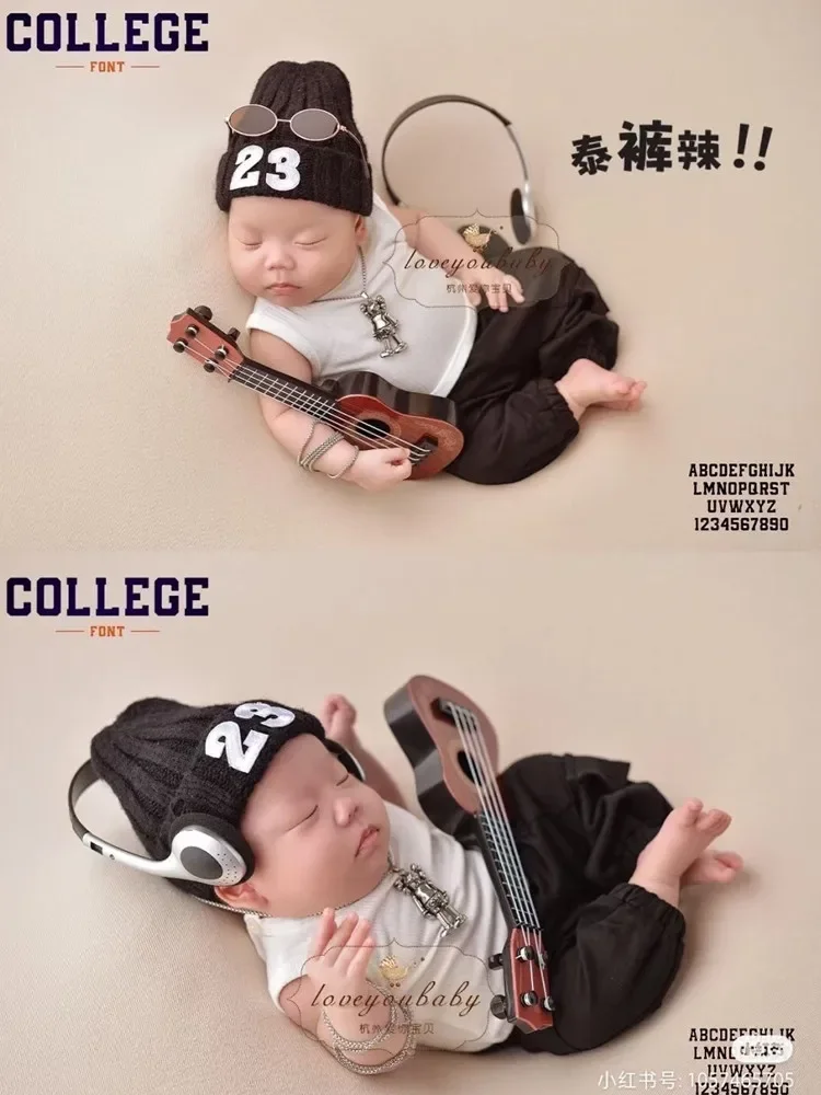 Newborn Photography Props Boy Outfit Rock Clothes Hat Necklace Earphone Guitar Backdrop Baby Photo Shoot Costumes Accessories