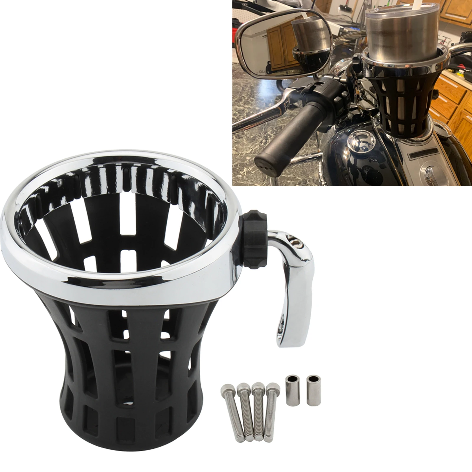 Motorbike Handlebar Drink Cup Holder w/ Mesh Basket Mount For BMW R nine T Ducati Scrambler for Honda GL1500 Gold Wing