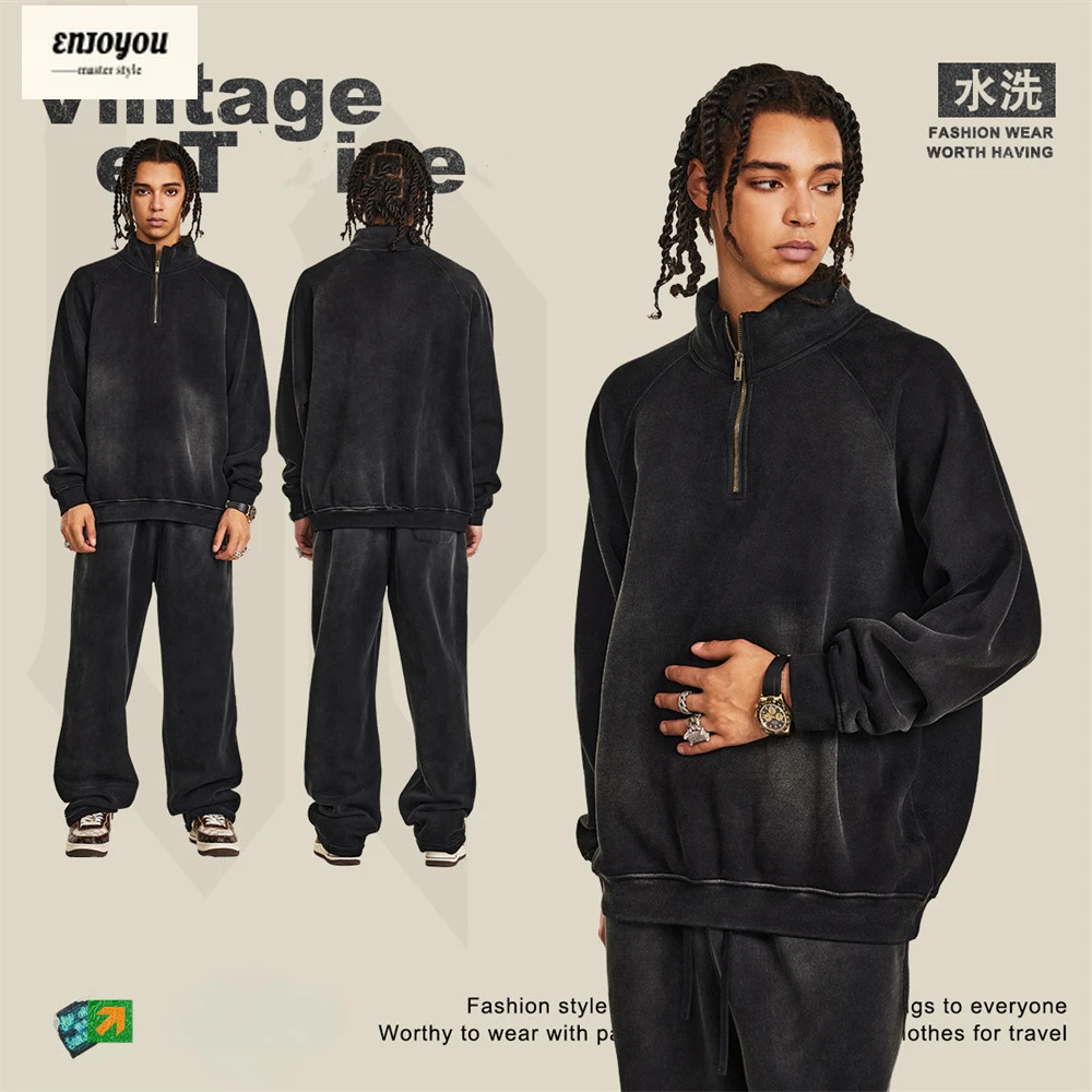 

ENJOYOU Retro 2024 Winter Monkey Washed Half Zipper Sweatshirt For Men Unisex 360gsm Sport Stand Collar Knitted Pullovers HY0906