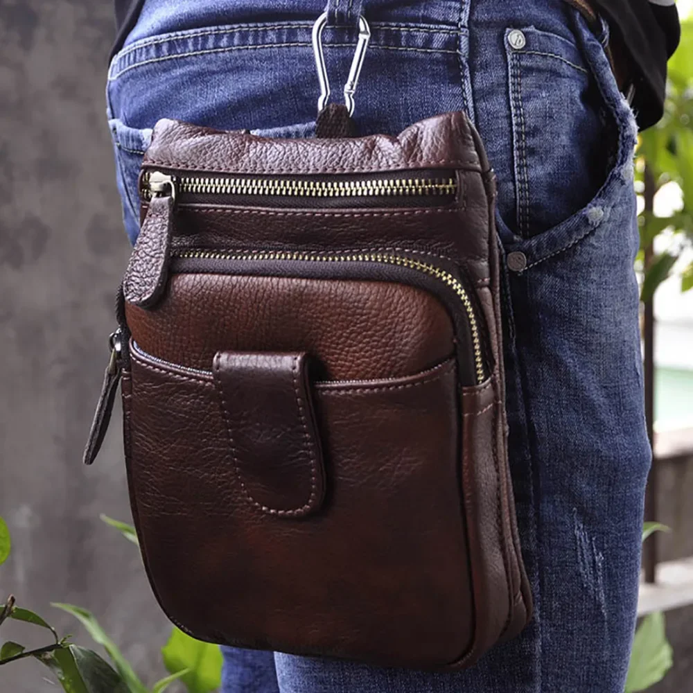 Men Oil Wax Cowhide Shoulder Messenger Bag Vintage Casual Genuine Crossbody Fanny Bags Male Hip Bum Hook Waist Belt Purse Pouch