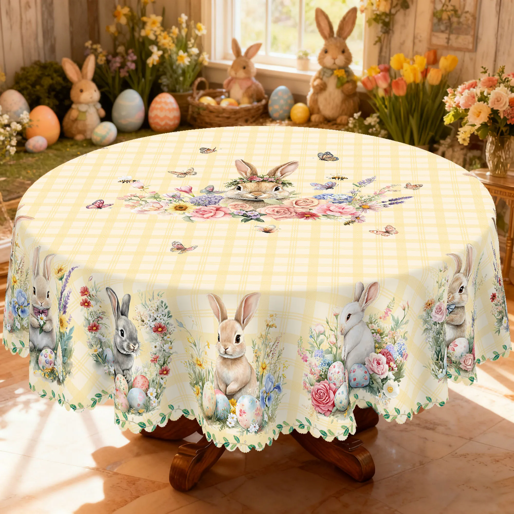 1 Piece of Spring-Themed Cute Rabbit Floral Print Round Tablecloth, Available in Various Sizes, with a Light Yellow Plaid Base Interwoven with Fresh Floral Clusters, Featuring a Soft and Cute Bunny and Easter Egg Print Round Decorative Tablecloth, with Embossed Edges, Easter Decoration, Suitable for Easter Family Gatherings, Spring Patio Parties, Easter Season Decoration, Spring Party Decoration Gifts