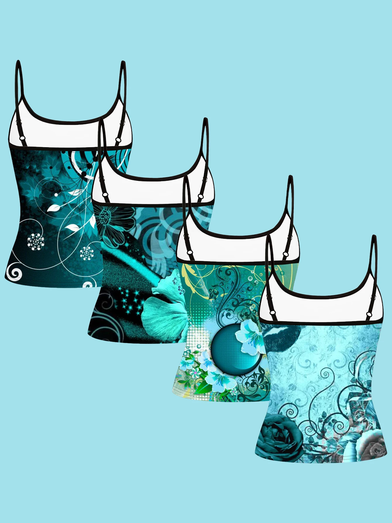 4-Piece Set of Women's Lake Blue Vintage Floral Print Spaghetti Strap Camisole Slim-Fit Base Layer Tops