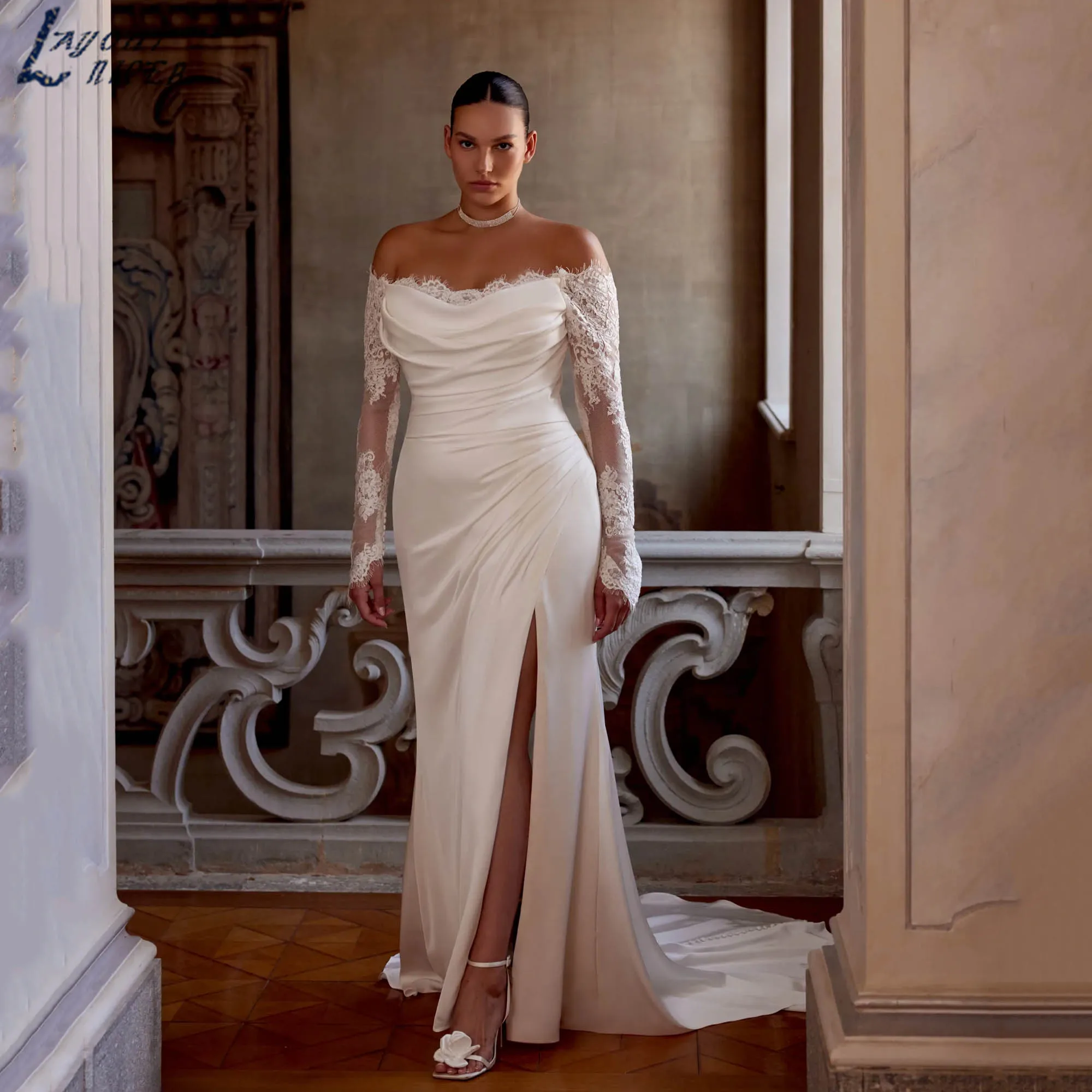 

Свадебные платья больших размеров с длинным рукавом и открытыми плечами, атласные винтажные кружевные свадебные платья с разрезом русалки, платья de novia по индивидуальному заказу