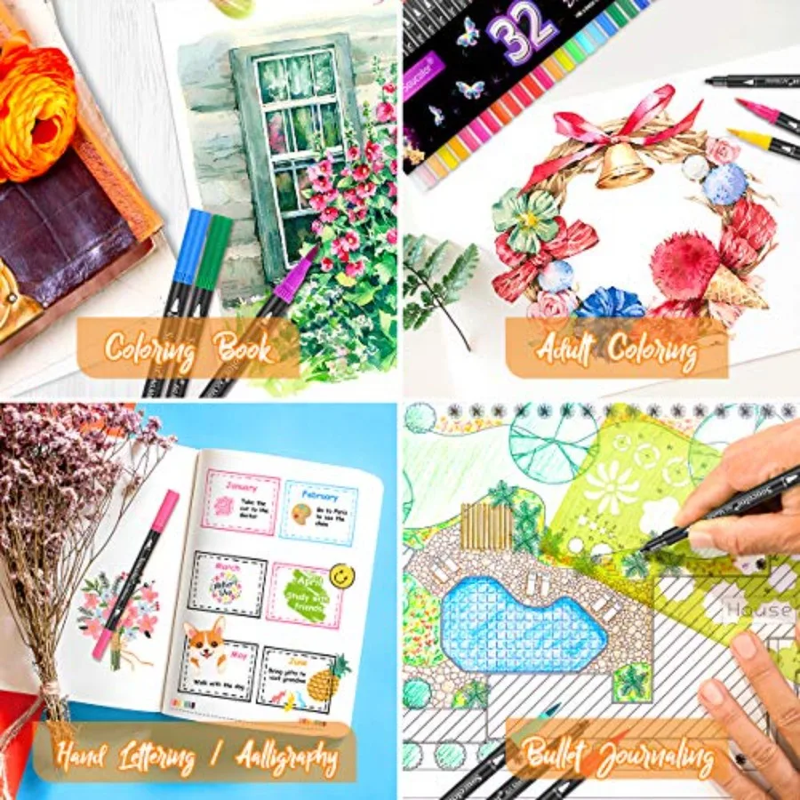 Художественные маркеры-кисти для взрослых, книжки-раскраски, школьные принадлежности для подростков, 34 цвета, пронумерованная кисть с двумя кончиками и тонким кончиком для рисования