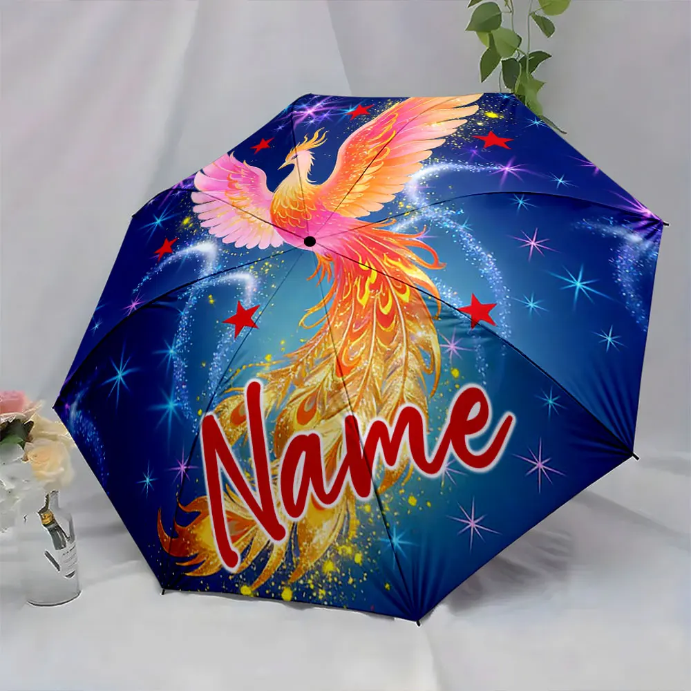 Custom Name Umbrella Fiery Phoenix Umbrella Design Print 8 Iron Ribs Folding Umbrella Auto-Open Fashion Sunshade