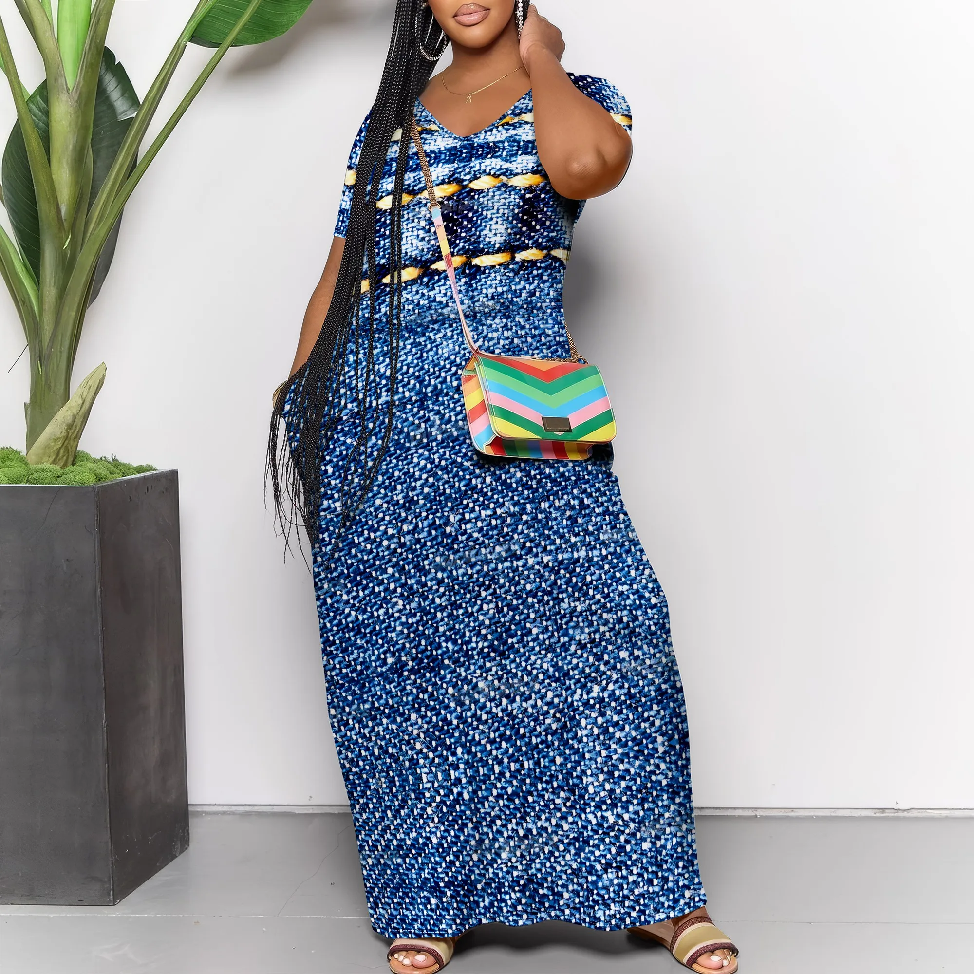 

Blue Pixel Print V-Neck Maxi Dress Vintage Casual Streetwear Style