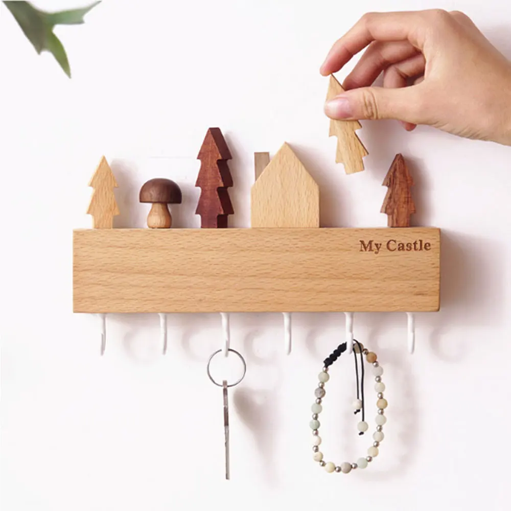 

Wooden Key Rack Wall Storage Rack Rectangular Treehouse Key Rack Wall Mounted Mushroom Hook Coat Rack Home Decor Gift