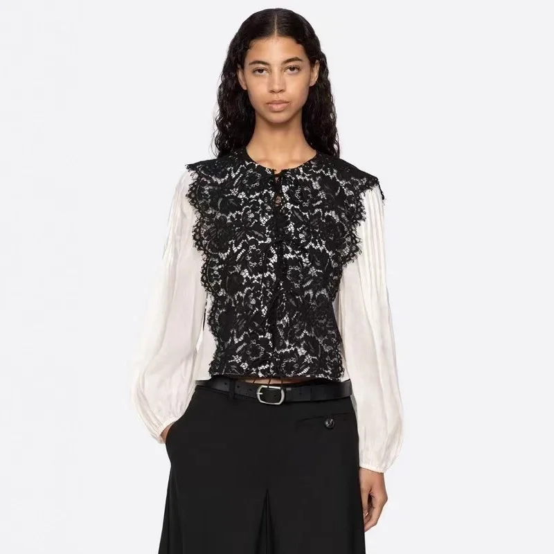 

【Gift Free】Autumn Winter New Elegant Lace Color-Block Accordion Pleated Lantern Sleeve Round Neck Tie Blouse for Women