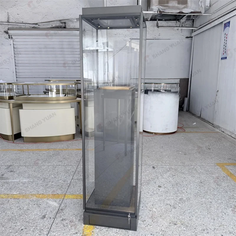 custom.Jewelry Display Counter Showcase Brushed Metal Tall Square Glass Tower Top Spotlights Luxury Retail OEM Direct Factory