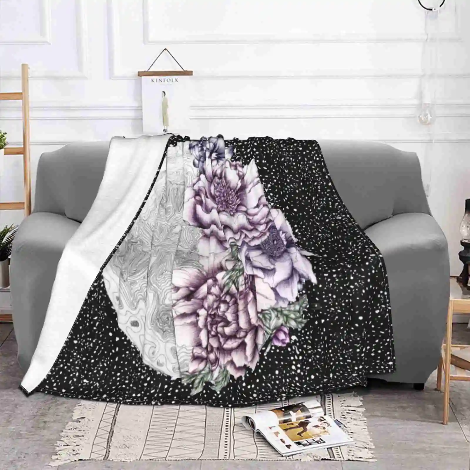 Moon Abloom Ii Creative Design Light Thin Soft Flannel Blanket Flowers Floral Starry Night Night Sky Moon Glow Pen Art