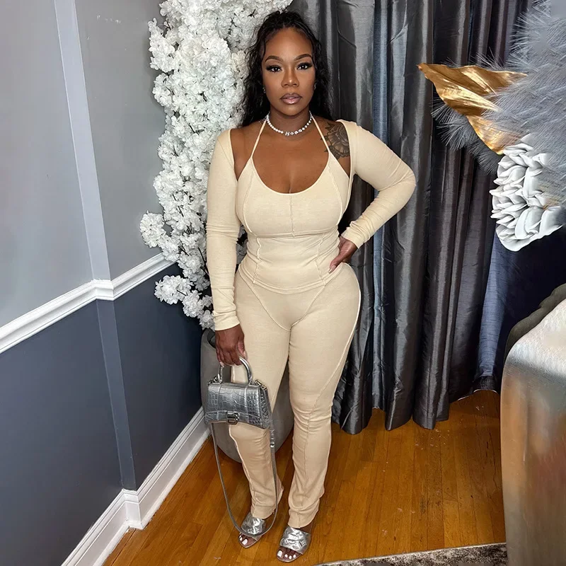 

Ребристый комплект из трех предметов, укороченный топ на бретельках со шнуровкой + футболки с длинными рукавами + прямые брюки, костюмы, женские однотонные спортивные костюмы для фитнеса