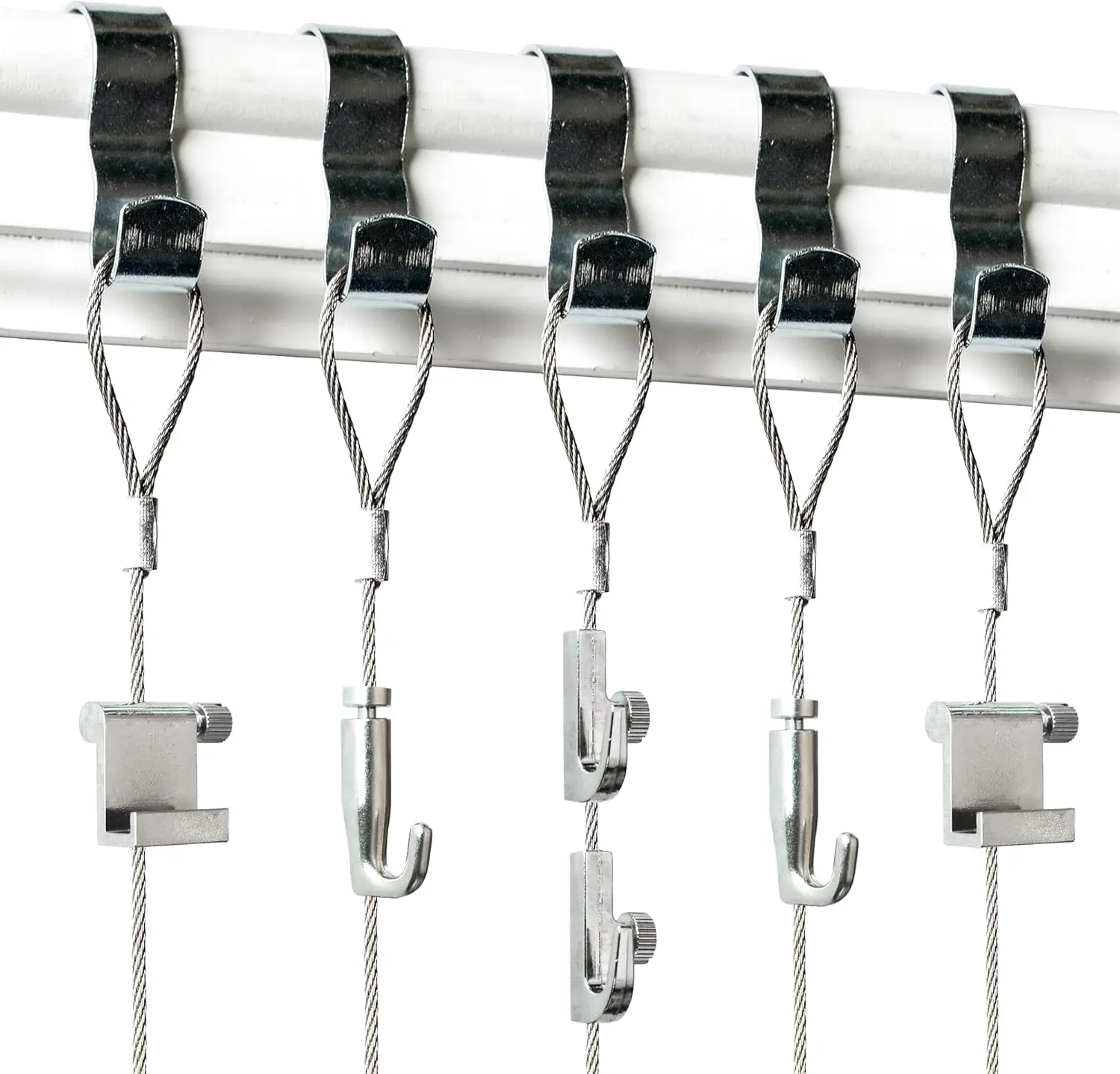 

Picture Rail Molding Hooks and Wire - 5 Pack - Includes Silver Rail Hooks, Wire Cables and Adjustable Frame Hangers