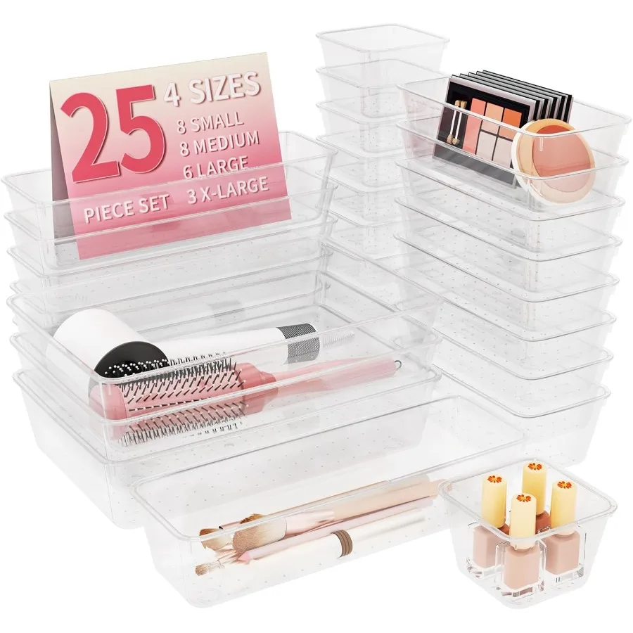 

25 PCS Plastic Drawer Organizer Set 4size Clear Bathroom and Vanity Desk Drawer Organizer Trays NonSlip Veatile Storage Bins fo