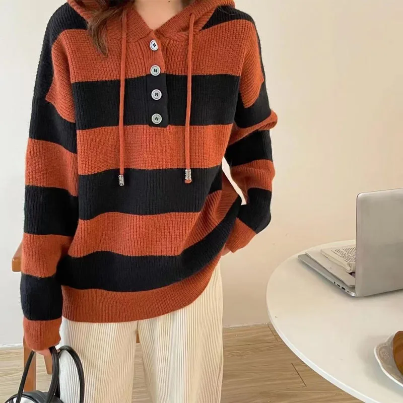 Women\'s Clothing Fashion Loose Striped Hooded Sweaters Autumn Winter Korean All-match Patchwork Long Sleeve Knitted Tops Female