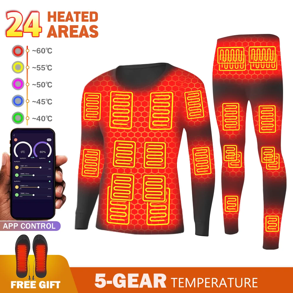 Winter Heated Jacket Powered Smart Phone APP Control Temperature TopsThermal Clothing FleeceThermal Underwear USB Battery