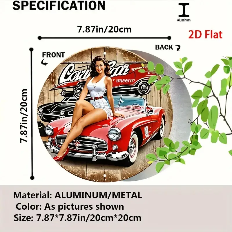 [مسطح [مسطح] لافتة معدنية من القصدير للسيارة العتيقة - ديكور حائط دائري من الألومنيوم مع رسم توضيحي لفتاة السيارة الكلاسيكية، سيارة حمراء قديمة