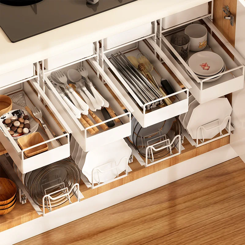 Kitchen Under The Sink Organizer Household Multifunctional Seasoning Dishes Pull-Out Sliding Large-Capacity Metal Storage Racks