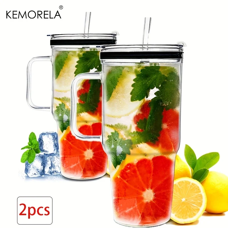 KEMORELA 1/2PCS 40oz Large Glass Tumbler with Straws and Lids Glass Coffee Tumbler with Handle Clear Water Bottle for CarCamping