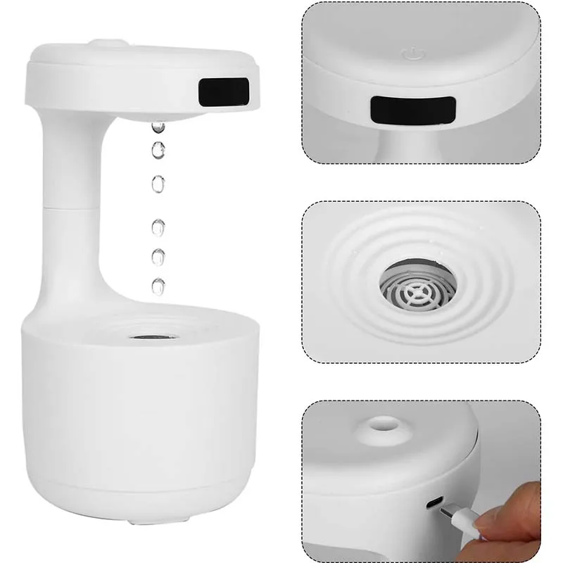 Humidificador ultrasónico de 800Ml para dormitorio, humidificador de niebla fría con forma de gota de agua antigravedad, pantalla de reloj Led,