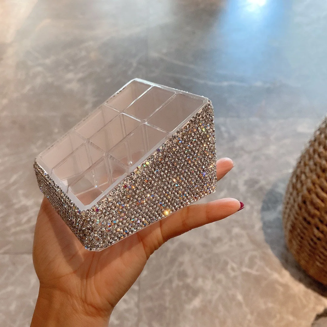 

9 Grid Makeup Lipstick Storage Case with Rhinestone Dresser Essential Oil Lip Gloss Organizer Nail Polish Display Box for Jewely