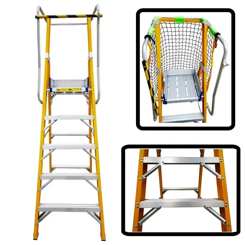 Industrial Mobile Portable Insulated Fiberglass Ladder Platform Step Ladder Stand With Handrail Fiberglass Extension Ladder