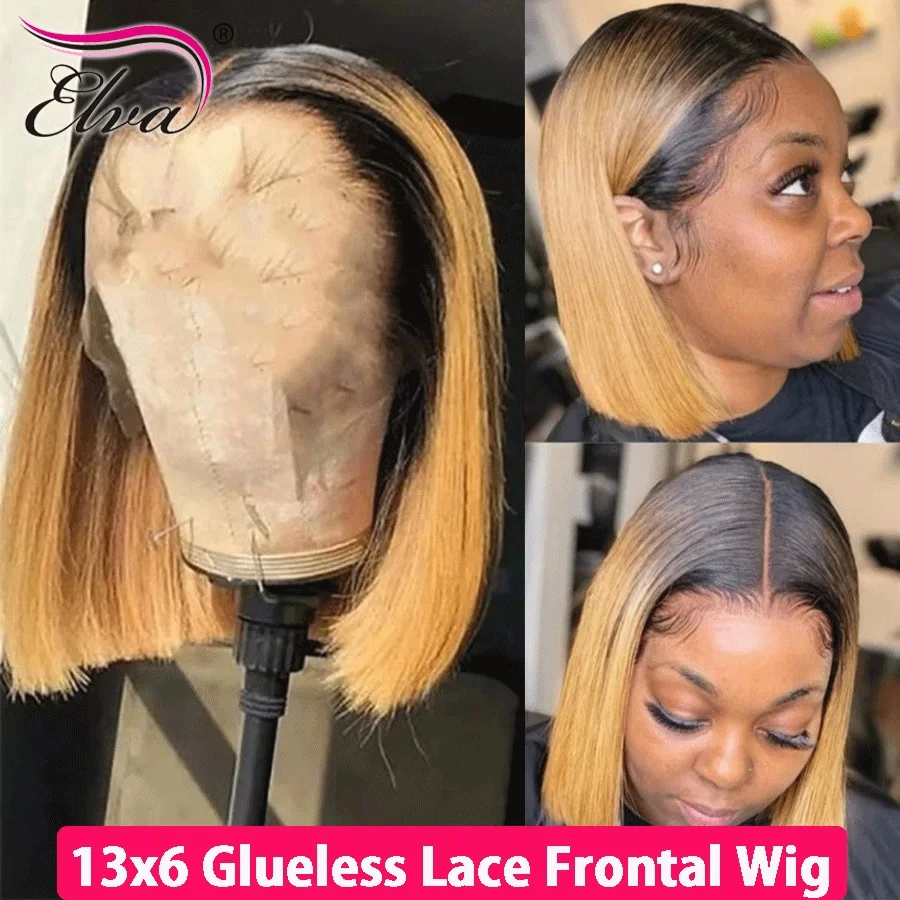 

Elva Hair Ombre Honey Blonde T1B/27 Bob Wig Human Hair Preplucked Bob Wigs Colored 13x6 Lace Brown with Dark Roots Bob Wig