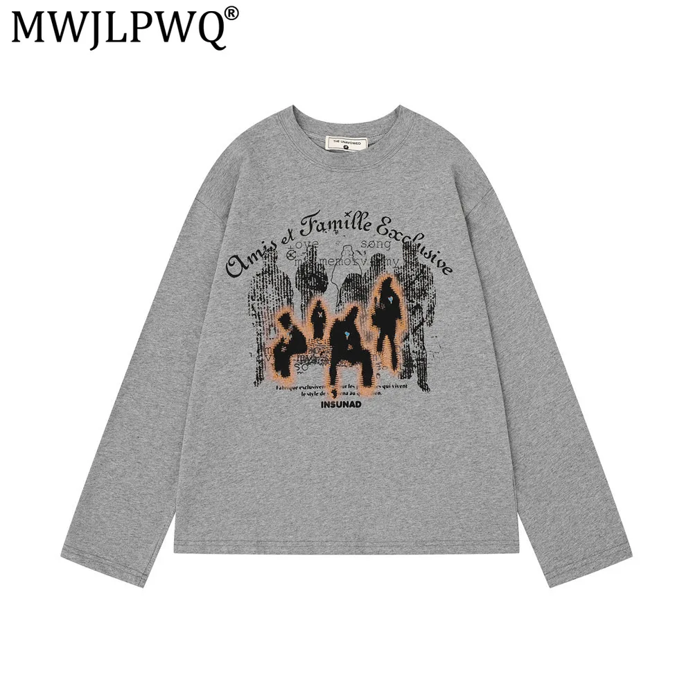 MWJLPWQ Menswear Casual Long-Sleeve T-Shirt Distressed Print Suitable Spring Autumn Ins American Street Style Loose Tops 20608
