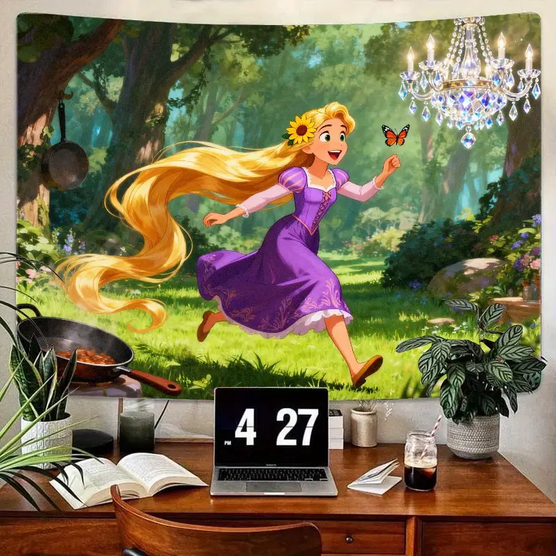 

1PC Disney Tangled Golden Hair Rapunzel Tapestry. Forest Wall Art with Frying Pan & Butterfly Decor for Girl Bedroom Gift.