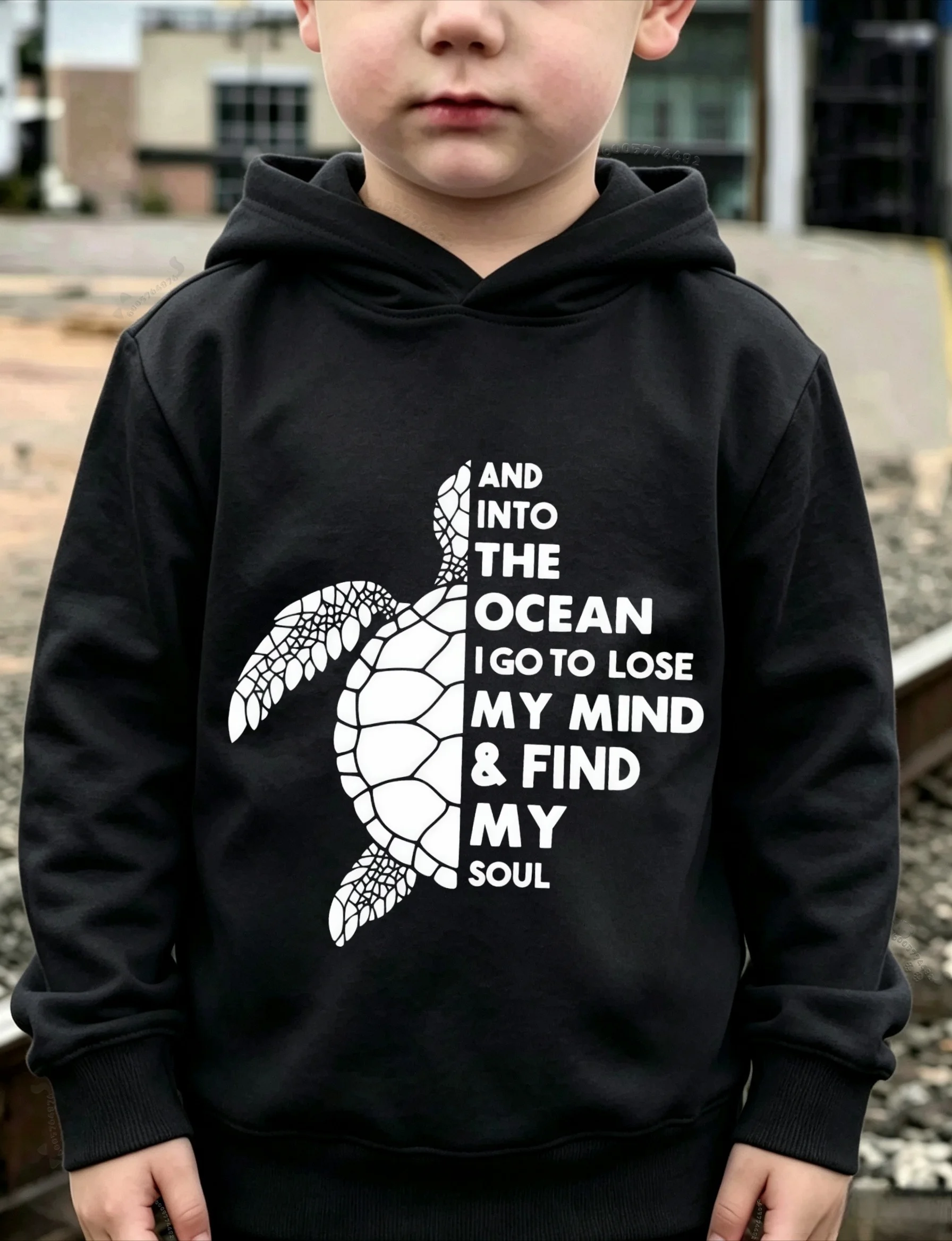 Trendy and fashionable turtle-shaped letter children's hooded sweatshirt. Teenage casual pullover hoodie shirt.