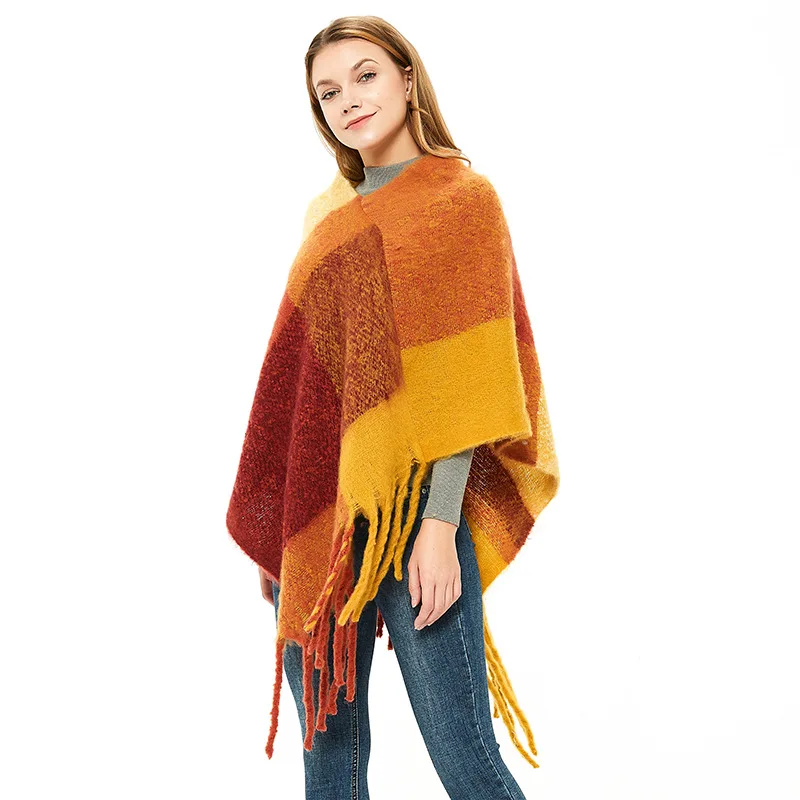 Europe  United States 2024 new Autumn Winter Women's Shawl Coarse Tassel Loop Yarn Large Lattice Warm Capes Lady Ponchos