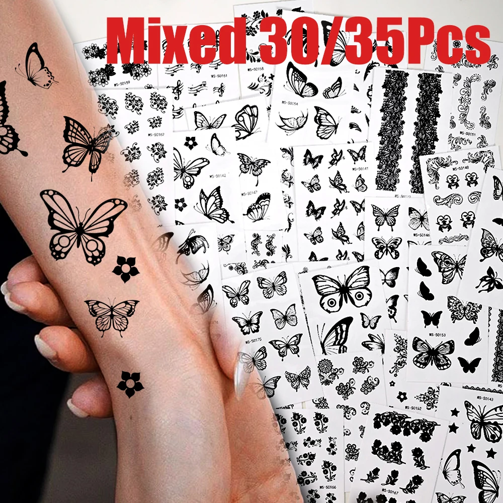 

35/30Pcs/set 3D Sexy Lace Black Butterfly&Flowers&leaf Temporary Tattoo Sticker Mixed Black Series Tattoo For Body/Face Slider