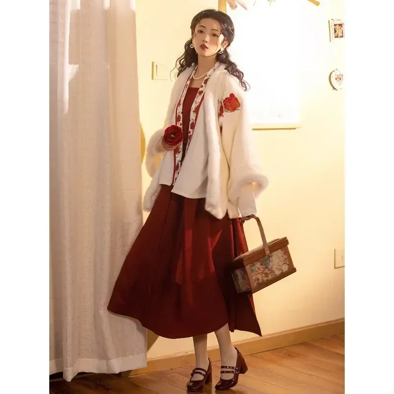 Autumn Winter Song Dynasty Red Rose Embroidered Woolen Hanfu Dress Women's Improved Chinese Style Party Dress New Year Christmas