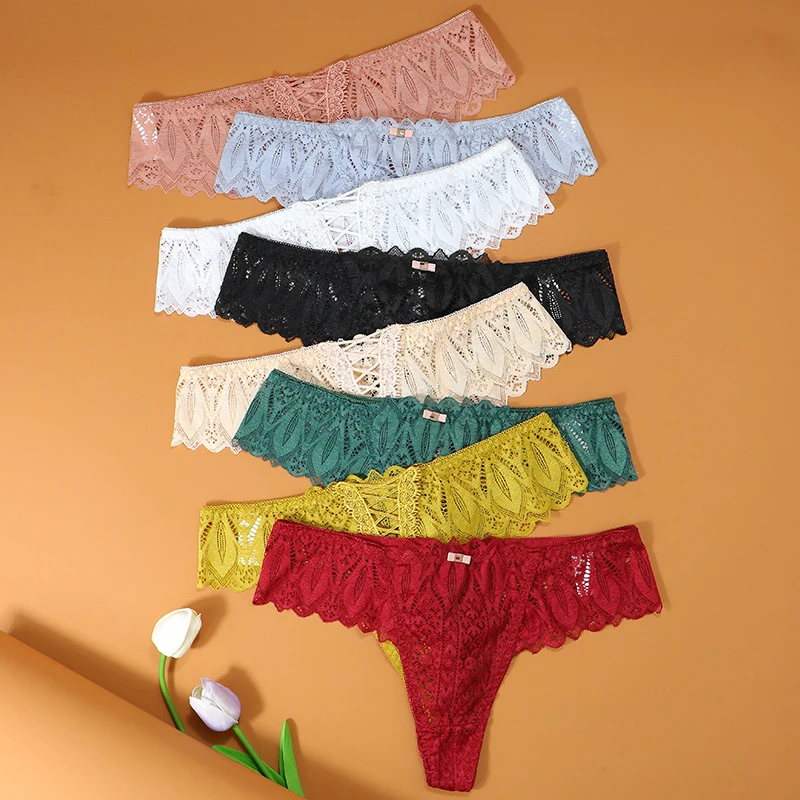 3Pcs Women's Thongs Underwear Female Intimates T-back G-string Sexy Transparent Lace Low-Rise Panties Lingerie For Woman
