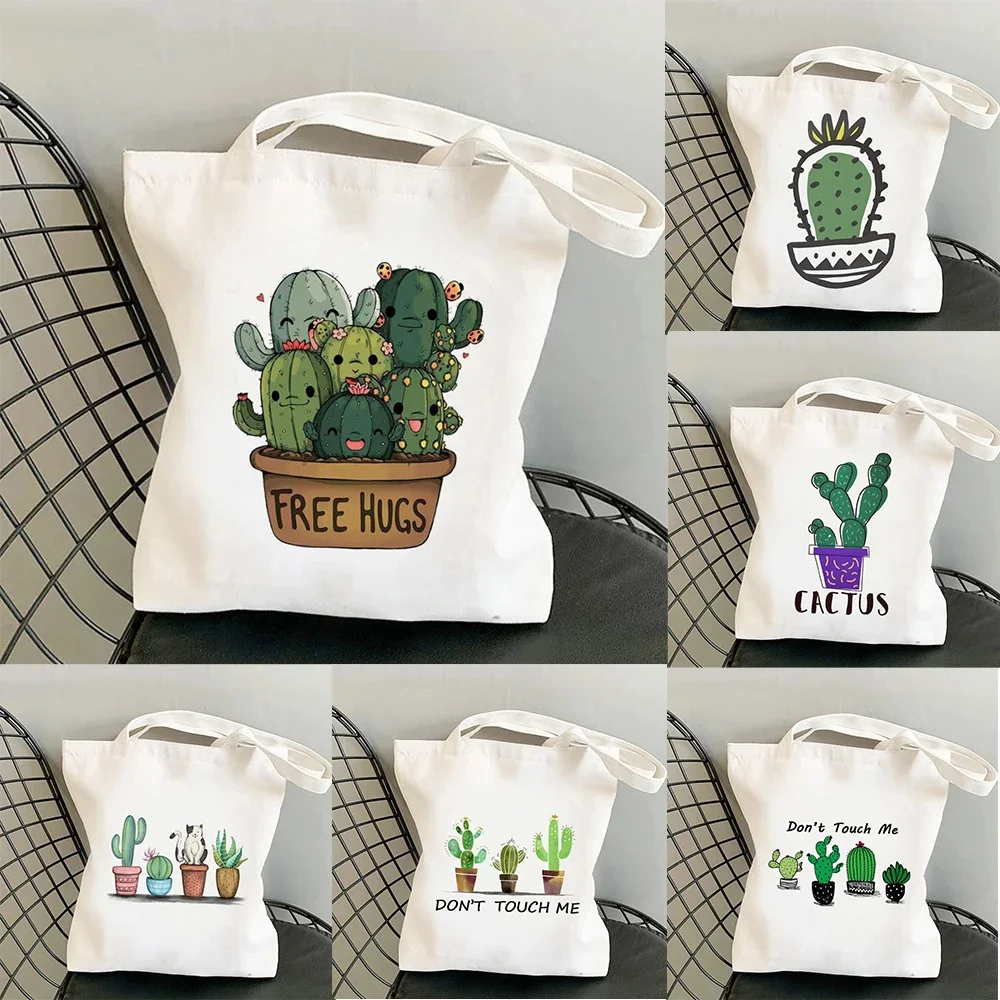 Shopping Bags Canvas Printing Cactus Cartoon Printed Canvas Tote Bag, Personalized Shoulder Bag with Funny Plant Patterns for