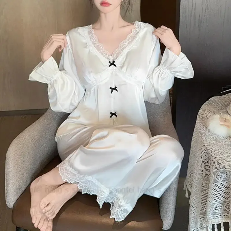 

Lady 2 Pieces Sleepwear Sweet Lace Collar Pajamas Set Ice Silk Home Wear Leisure Pijama Mujer Long Sleeve Top Pants Loungewear