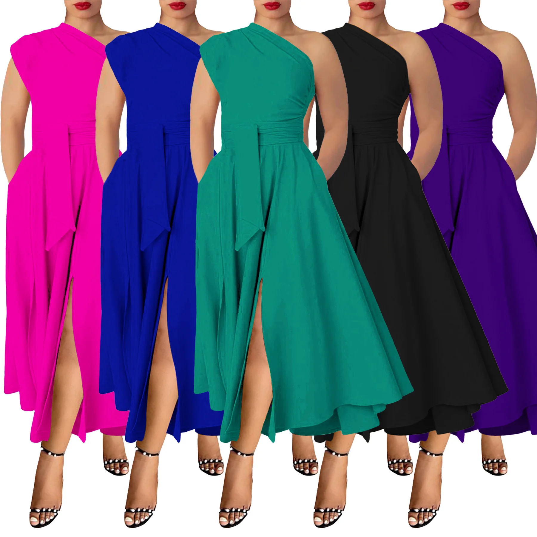

2025 Hot Style Fashion Women's Sleeveless Party Dress One Shoulder Side Split High Waist A Line Pockets Elegant Dresses