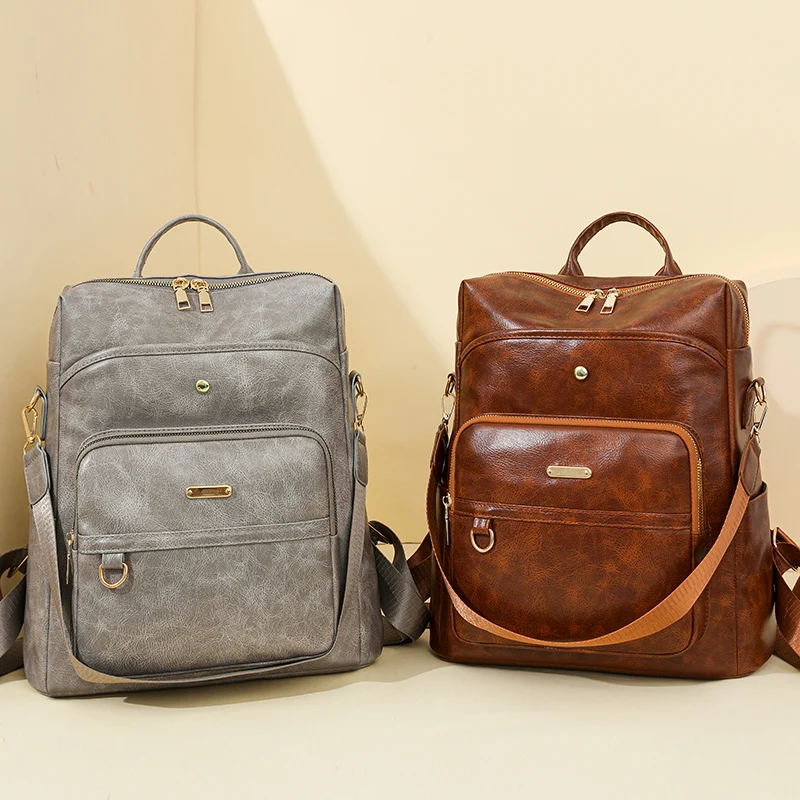 حقيبة ظهر نسائية عصرية من البولي يوريثان بسيطة بلون سادة وقابلة للتحويل للسفر مع حقيبة كتف كاجوال متعددة الاستخدامات بسعة كبيرة