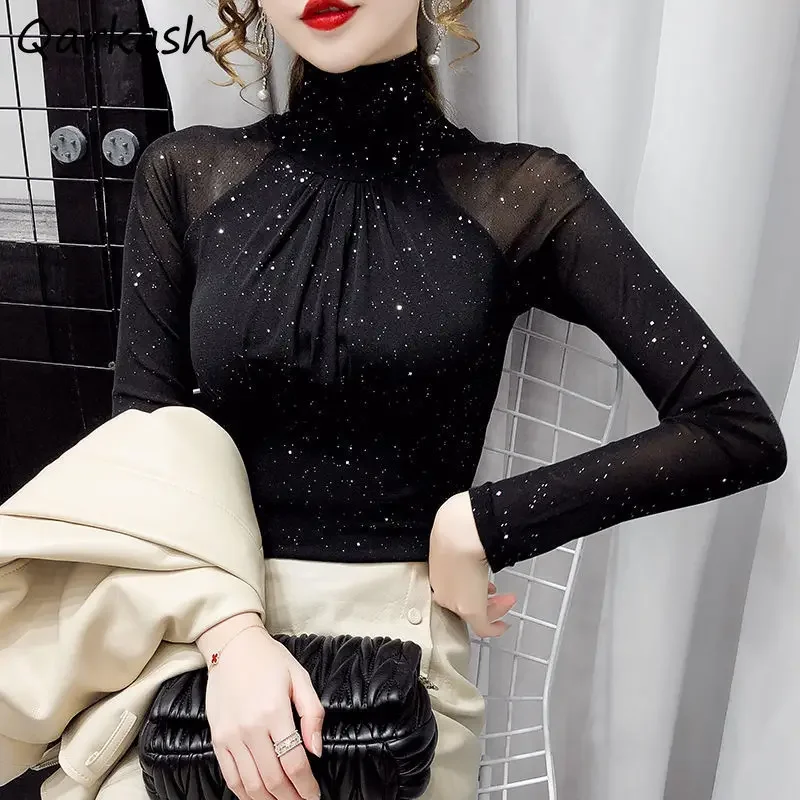 

Autumn Winter Black Turtleneck Blouses for Women Sexy French Vintage Slim Aesthetic Clothes Chic Classy Ladies Long Sleeve Tops