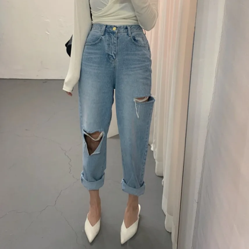 

Retro High Waist Distressed Loose Fit Straight Leg Jeans Chic Spring Summer Denim Pants Casual Classic Blue Cotton Jeans
