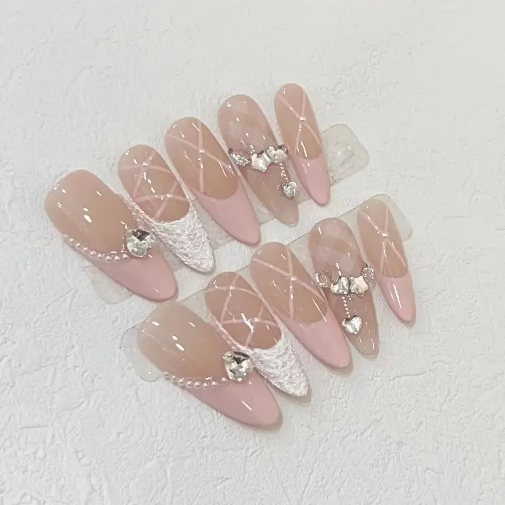 Faux ongles en plâtre français 10 pièces diamants d'amour à pression faits à la main tempérament princesse rose patchs amovibles