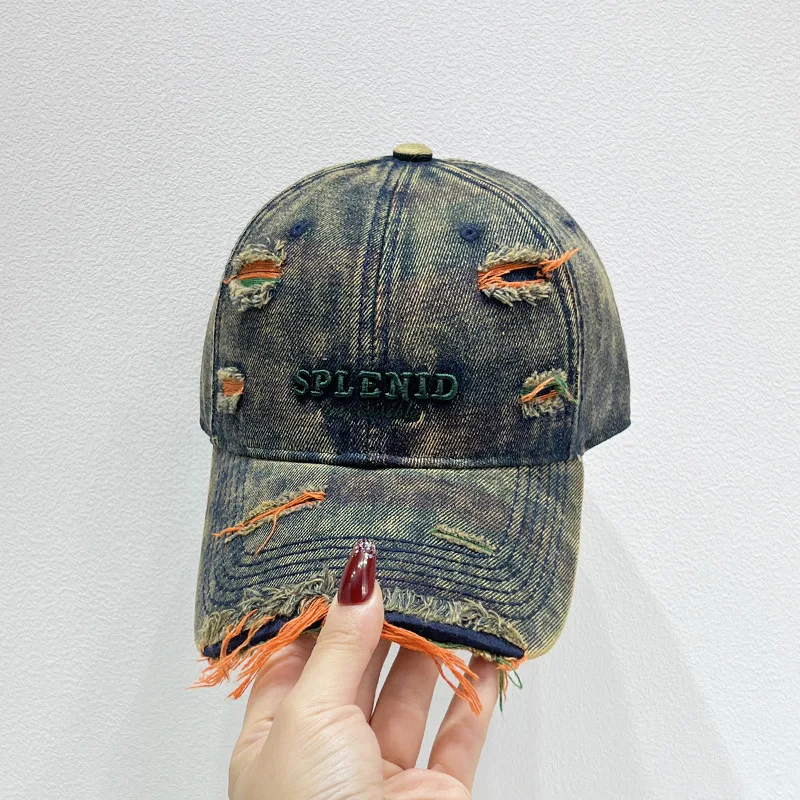 Neue Stil Frauen Kappe Tränen Stil Loch Vintage Bunte Linien Baseball Caps Weibliche Casual Outdoor Streetwear Denim Hut – Detail 7