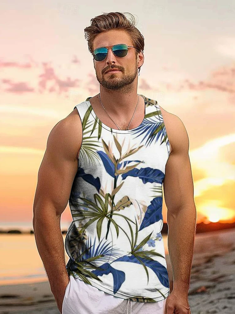 Casual Men's Tank Top for Seaside Vacation Top for Summer Trip Hawaiian Style Men's Tank Top Tropical Palm Leaf and Flower Print