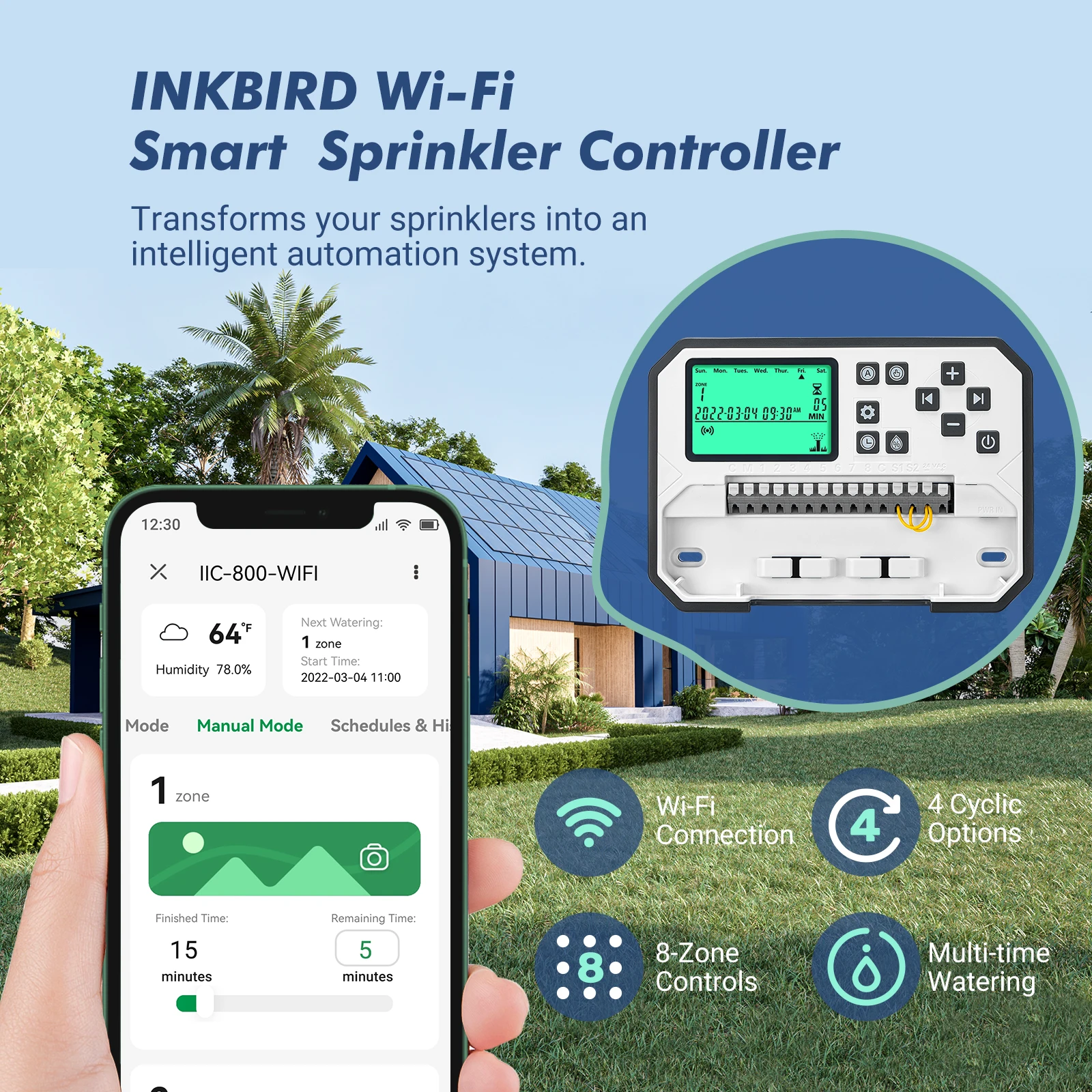 مؤقت الري اللاسلكي للحديقة من INKBIRD، وحدة تحكم رش واي فاي ذكية مع أوضاع يدوية أوتوماتيكية تدعم تخطي المطر