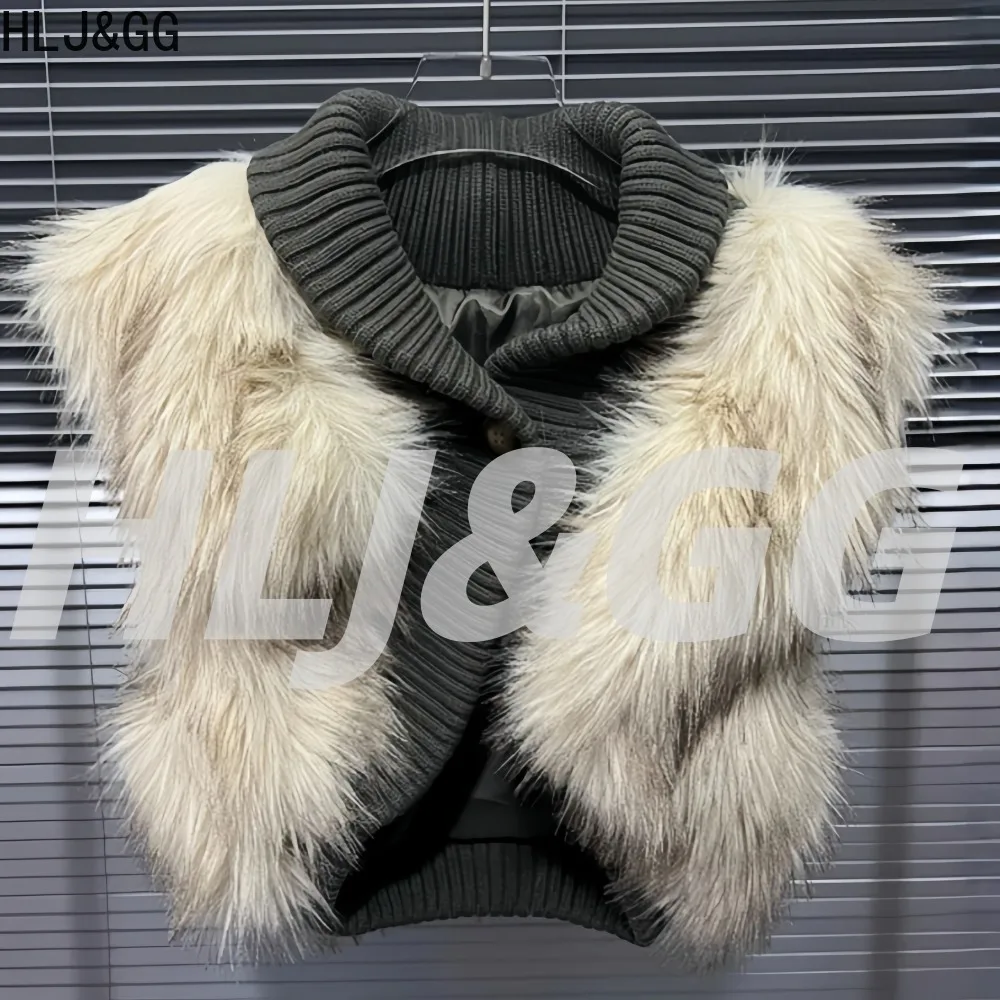 HLJ hiver nouvelle mode fourrure Patchwork manteau gilet femmes tricot couleur unie sans manches vestes courte femme Y2k Streetwear 2025