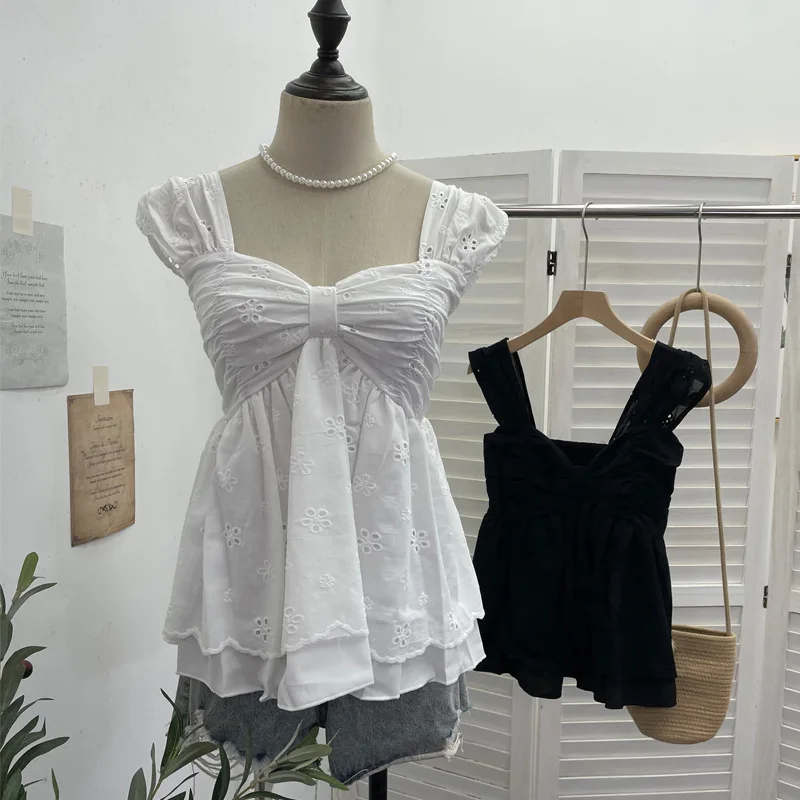 Elegant Resort Style Strap Vest With Bow Ruffles Jacquard Embroidery Dolly Style And Smocked T-shirt Trendy Sleeveless Top 9561