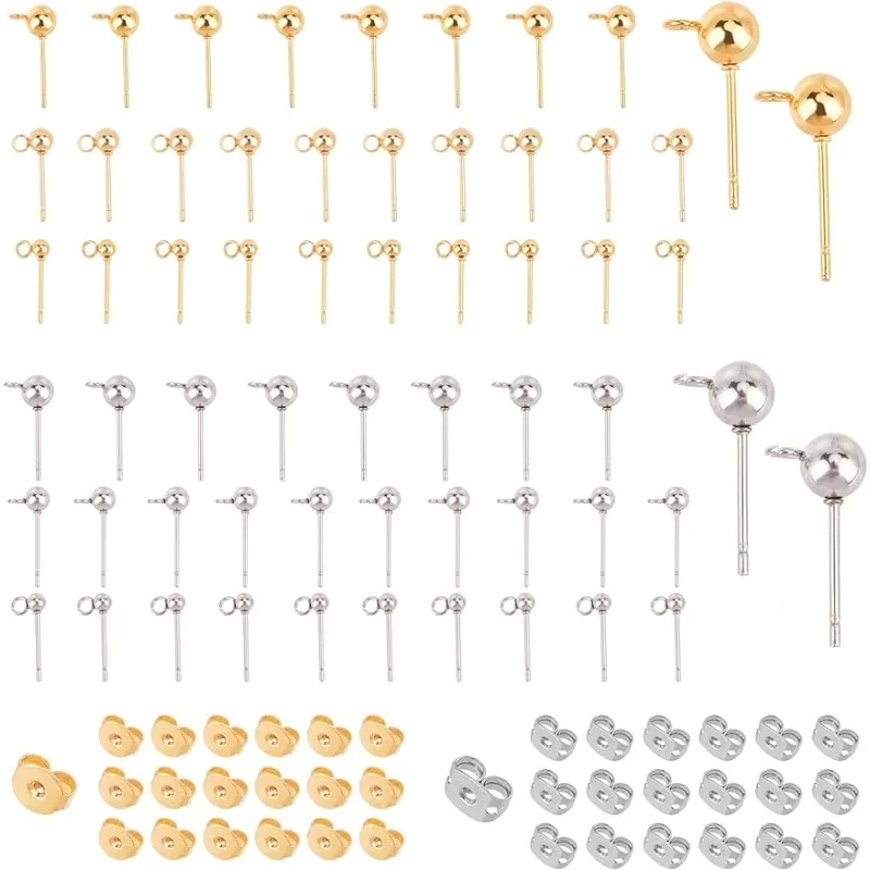 

1 Box 60Pcs 6 Styles Ball Ear Studs Stainless Steel Earrings Post Round Ball Metal Stud with Loop Ear Nuts for Man Women Styling